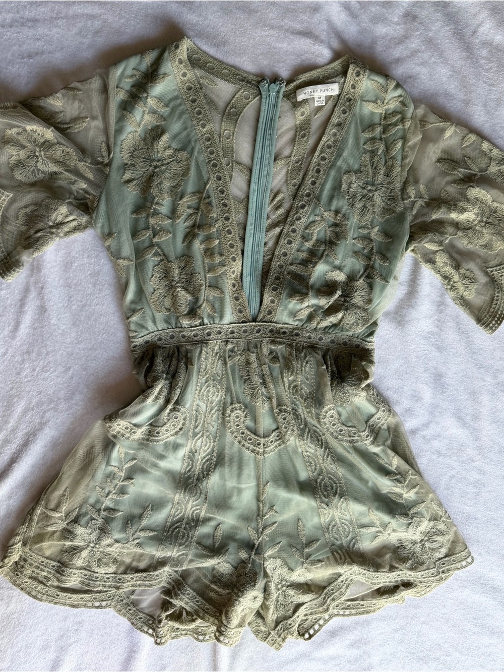 Honey Punch Sage Green Embroidered Romper